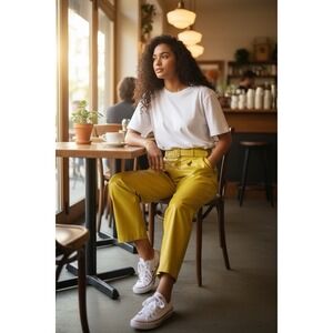 Anthropologie Bright Yellow Wide-Leg Pants with Belt Size 14 – High Rise Cropped